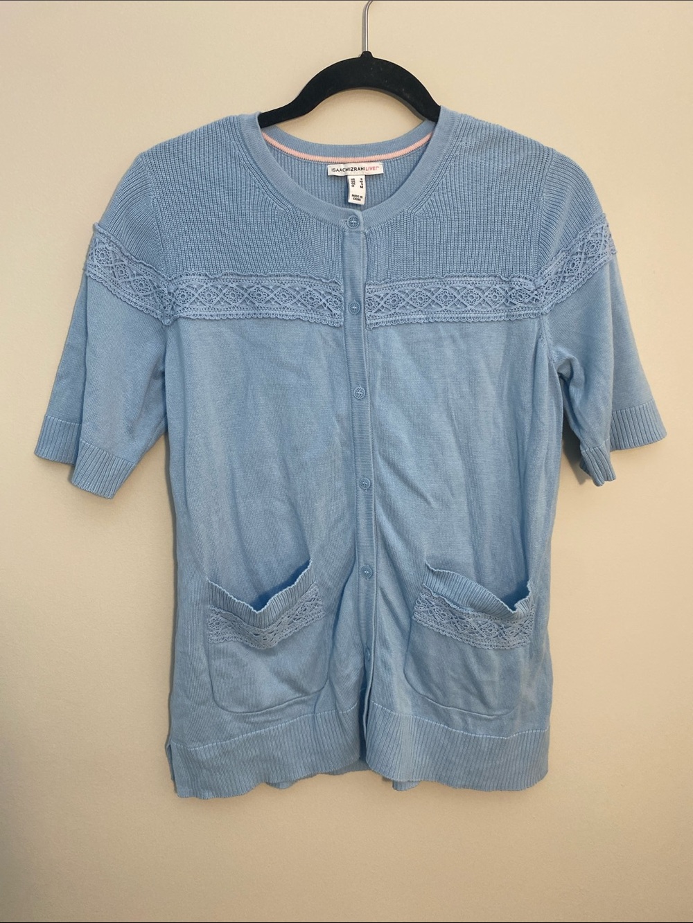 Isaac Mizrahi LIVE! Light Blue Button-Up Short Sleeve Cardigan Cotton Blend